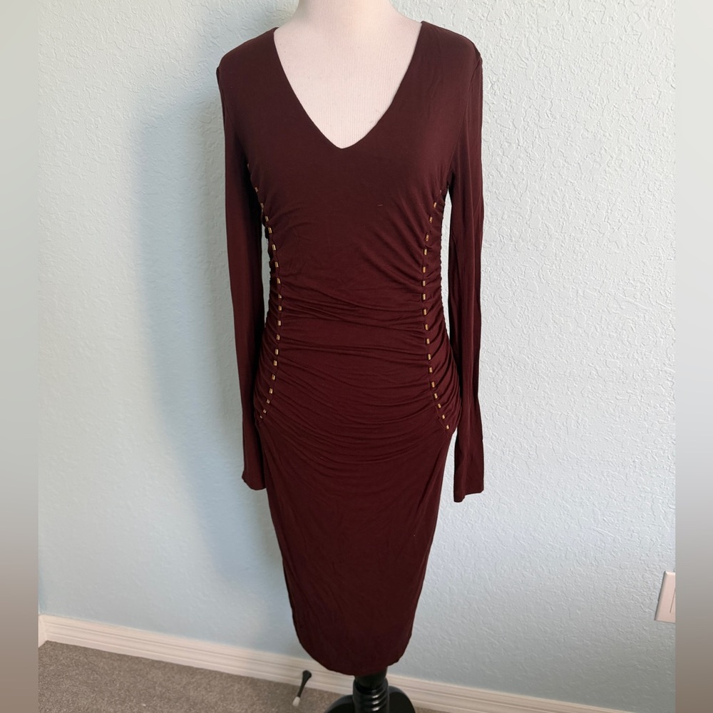 Marciano Long Sleeve V-Neck Bodycon Dress - Burgundy/Plum Small